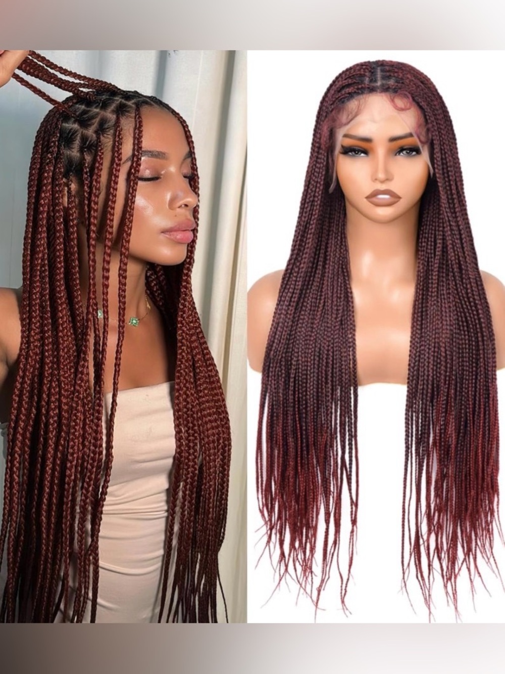 30” Burgundy Knotless Box Braided Lace Front Wig 1BT99J New #216